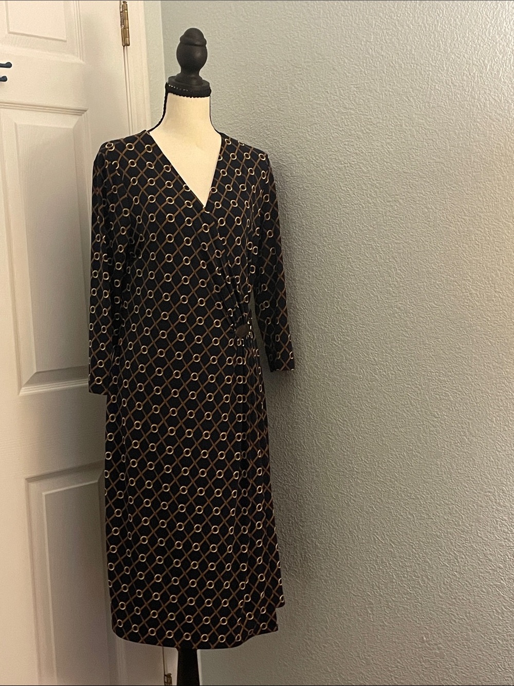 Charter Club Black & Gold Wrap Midi Dress with Chain Pattern